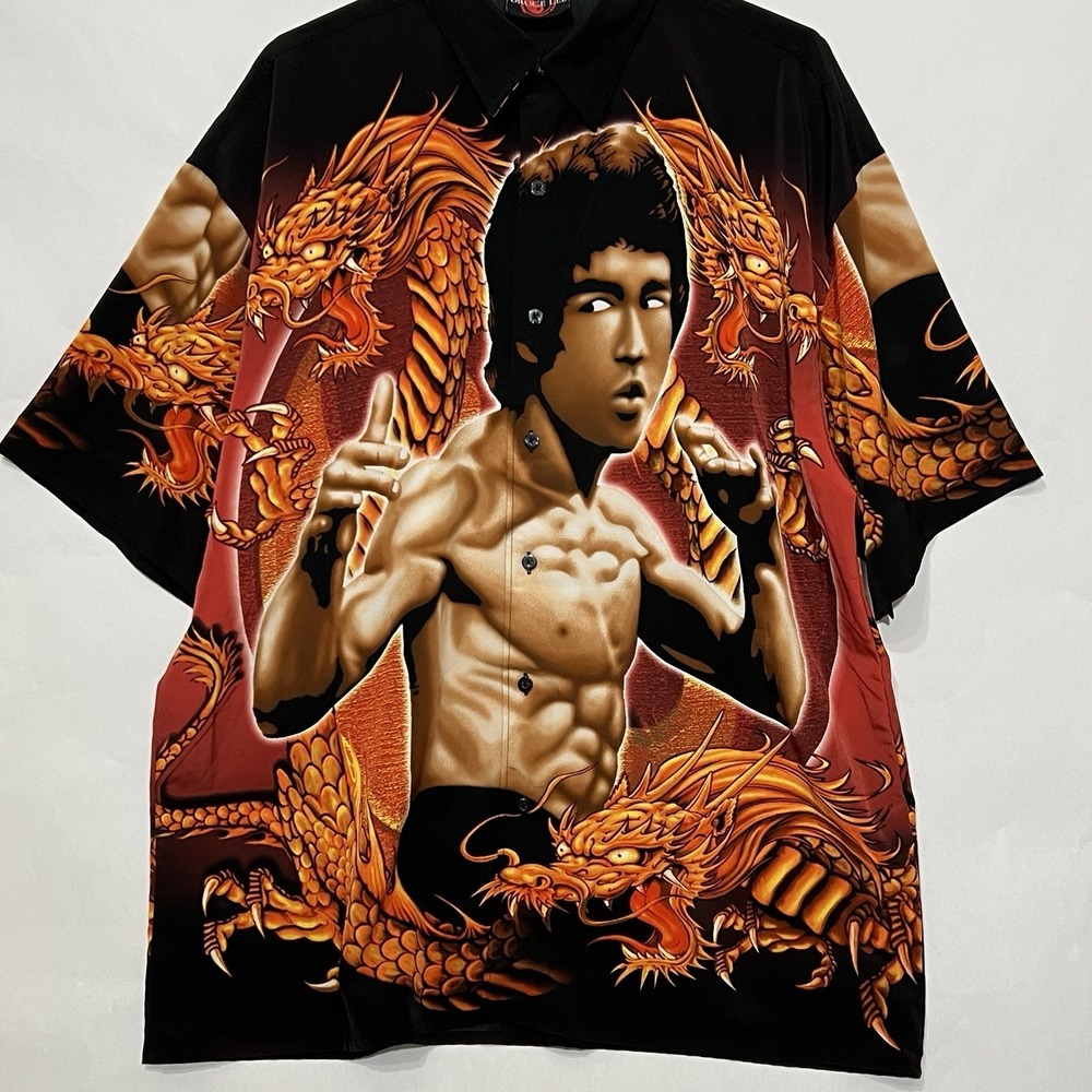 VTG Y2K Bruce Lee AOP Shirt Short‎ Sleeve Button Up Cyber Grunge Dragon Men 2XL